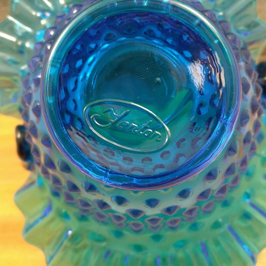 Fenton Hobnail Blue Glass Basket with Handle and Ruffled Edge