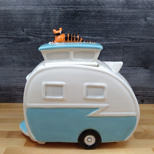 Pet Treats Cookie Canister Ceramic Jar Retro Happy Camper RV Dogs Cats Blue Sky