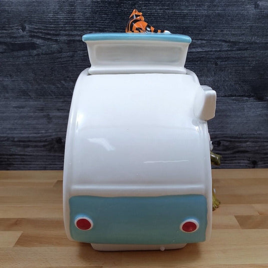 Pet Treats Cookie Canister Ceramic Jar Retro Happy Camper RV Dogs Cats Blue Sky