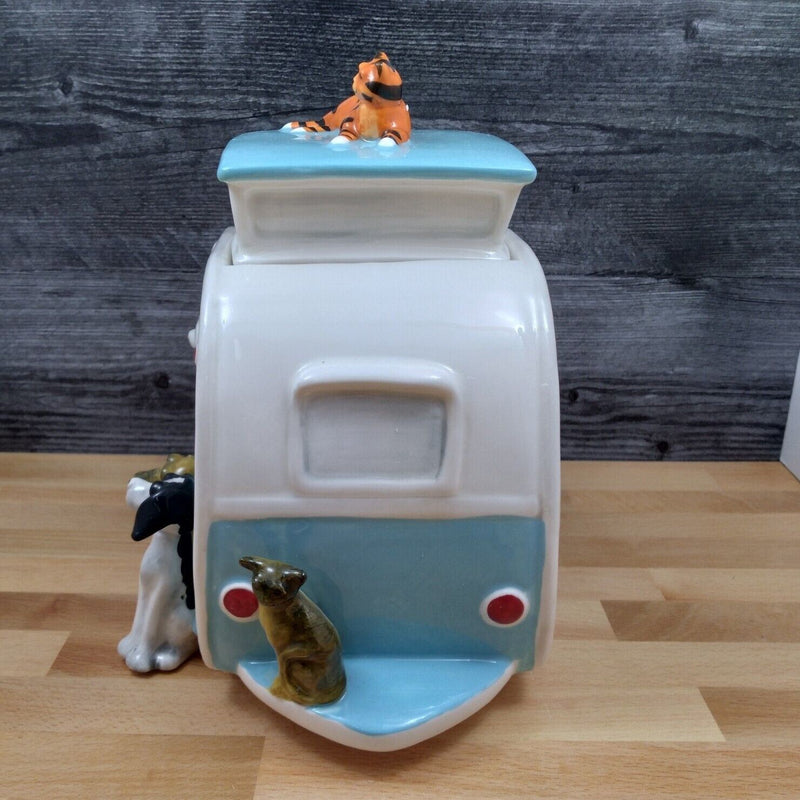 Load image into Gallery viewer, Pet Treats Cookie Canister Ceramic Jar Retro Happy Camper RV Dogs Cats Blue Sky

