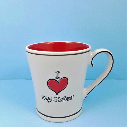Coffee Cup Mug or Pen Holder I Heart My Sister Red White 17oz Blue Sky Spectrum
