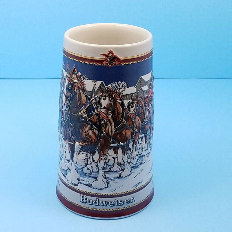 Load image into Gallery viewer, Budweiser Stein 1989 Anheuser Busch Bud Christmas Mug Hitch on a Winter Evening
