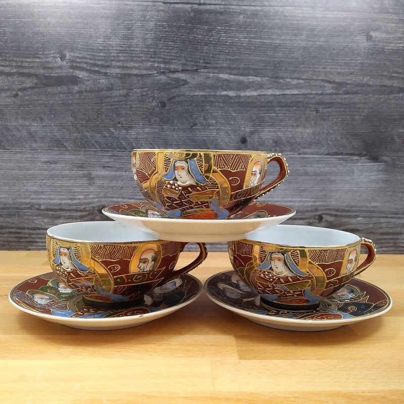 Load image into Gallery viewer, Japanese Moriage 3 Set of Tea Cups and Saucers Pensive Geisha Lithophane

