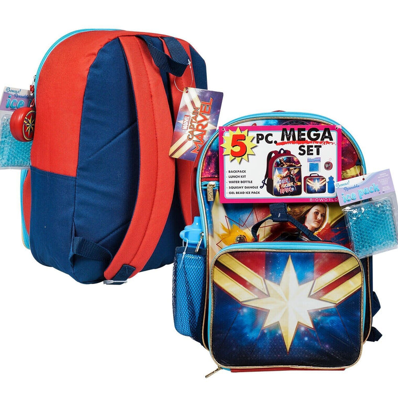 Load image into Gallery viewer, 5 Piece Captain Marvel Backpack Set with Lunch Kit and Water Bottle by Bioworld
