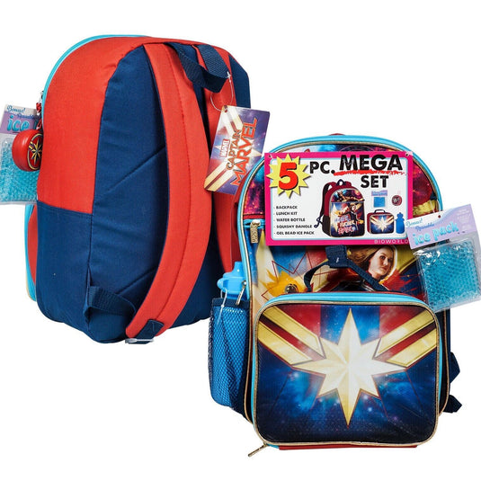 5 Piece Captain Marvel Backpack Set with Lunch Kit and Water Bottle by Bioworld
