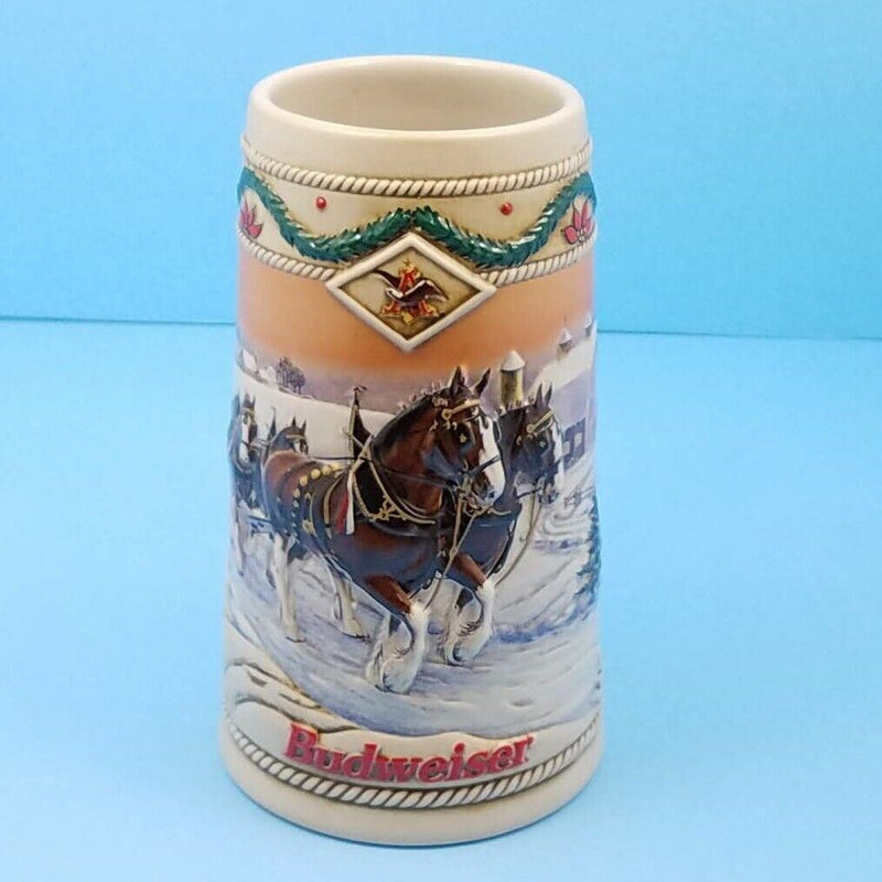 Load image into Gallery viewer, 1996 Budweiser Stein Anheuser Bud Holiday Christmas Beer Mug American Homestead
