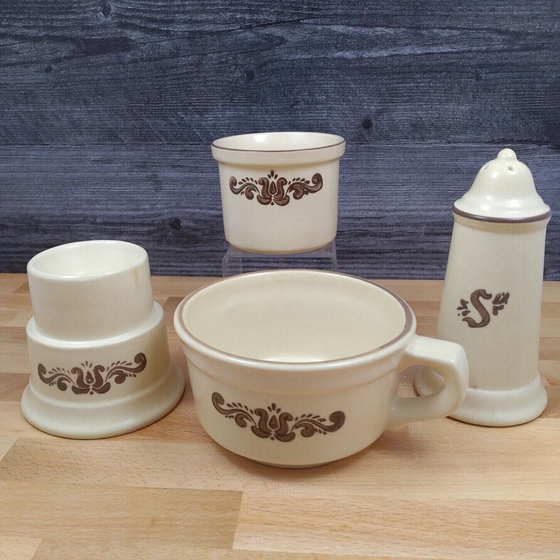 Load image into Gallery viewer, Pfaltzgraff Village Set of 4 Pieces Salt Shaker, Bowl, Hurricane Base &amp; Soup Mug

