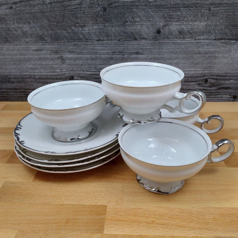 Load image into Gallery viewer, Mikasa Marlboro Platinum Footed Tea Cup &amp; Saucer Set of 4 Fine China Japan 9267
