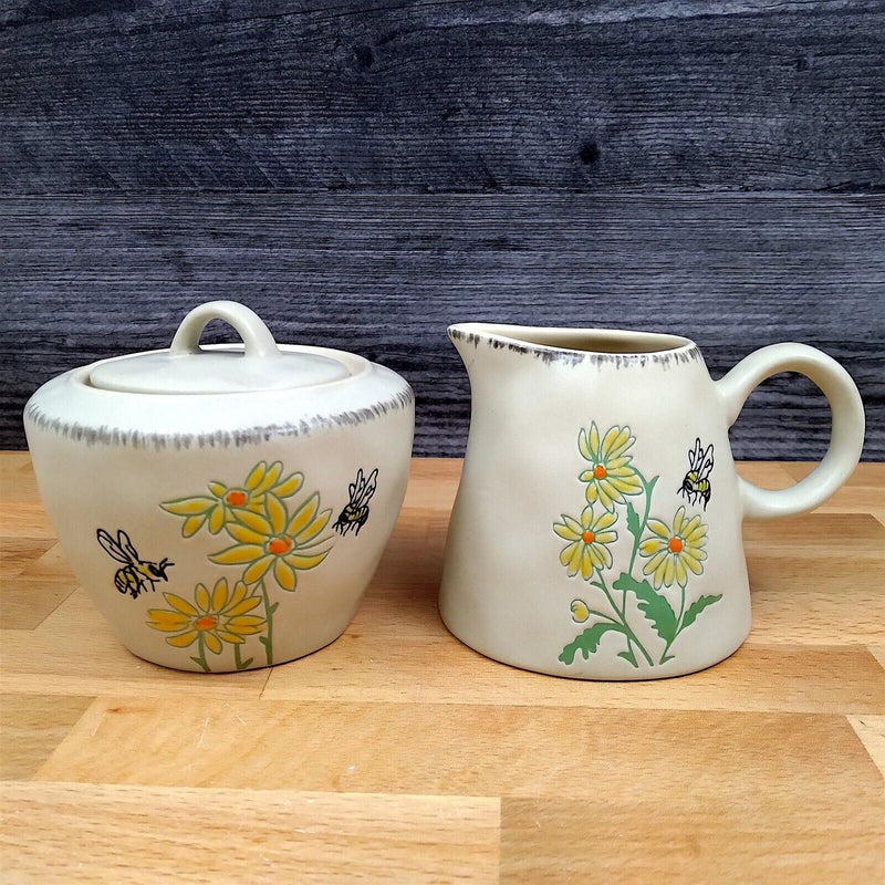 Load image into Gallery viewer, Bumble Bee and Flower Sugar Bowl with Lid and Creamer Pitcher Set by Blue Sky
