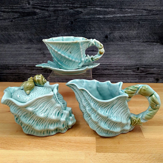 Shell Sugar Bowl Creamer and Tea Cup Saucer Set Decorative by Blue Sky