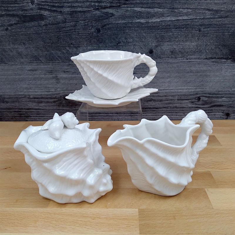 Load image into Gallery viewer, Shell Conch Sugar Bowl Creamer &amp; Tea Cup Saucer Set White Decorative by Blue Sky
