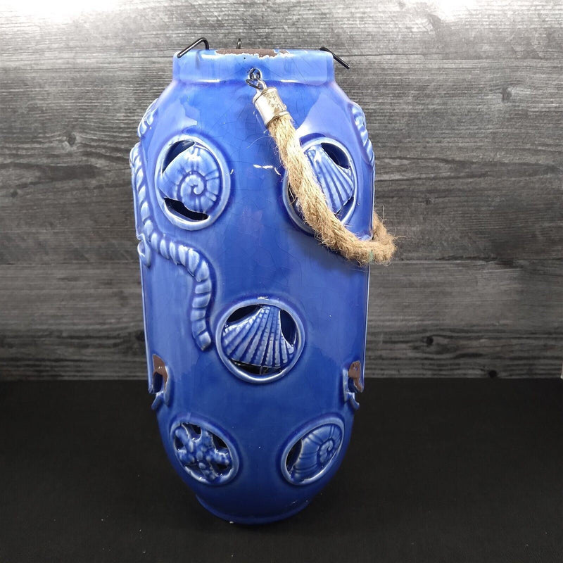 Load image into Gallery viewer, Nautical Maritime Lantern Dark Blue With Blue Led Lights Weathered Look Lamp
