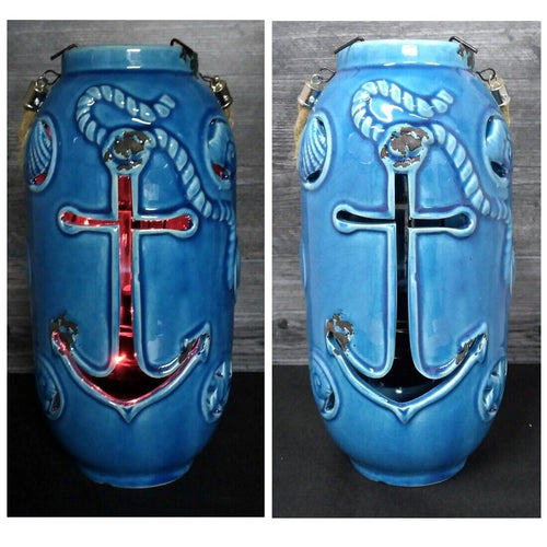Nautical Maritime Lantern Light Blue With Red Led Lights Weathered Look Lamp