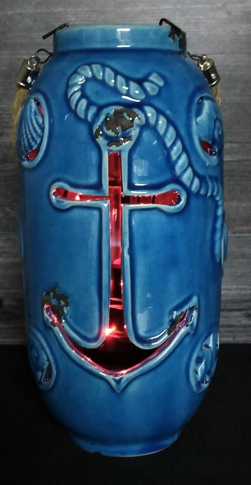 Load image into Gallery viewer, Nautical Maritime Lantern Light Blue With Red Led Lights Weathered Look Lamp
