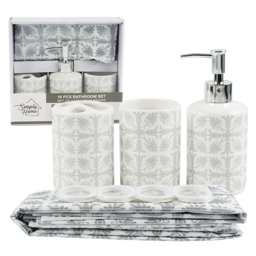 Bathroom Set in White and Gray Toothbrush Holder Soap Dispenser Shower Curtain
