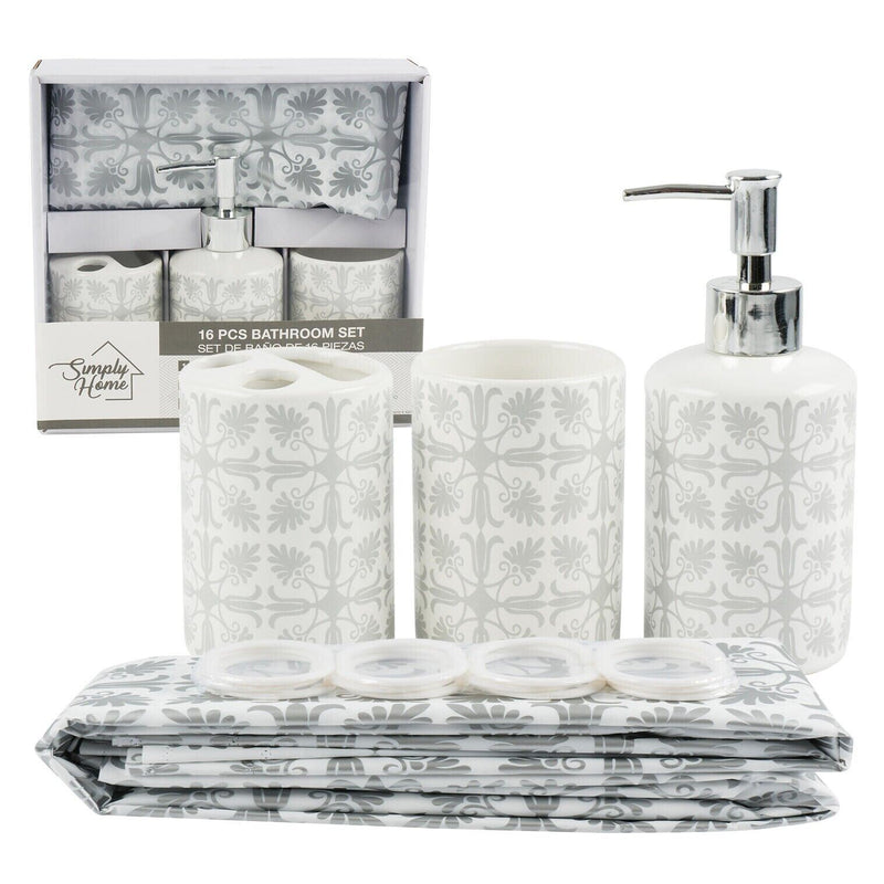Load image into Gallery viewer, Bathroom Set in White and Gray Toothbrush Holder Soap Dispenser Shower Curtain
