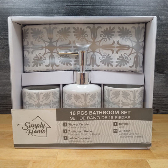 Bathroom Set in White and Gray Toothbrush Holder Soap Dispenser Shower Curtain