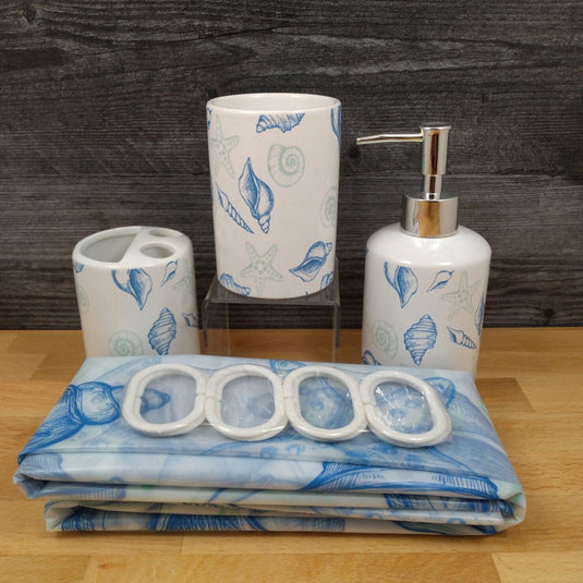 Ocean Sea Shells Bathroom Set Toothbrush Holder Soap Dispenser Shower Curtain