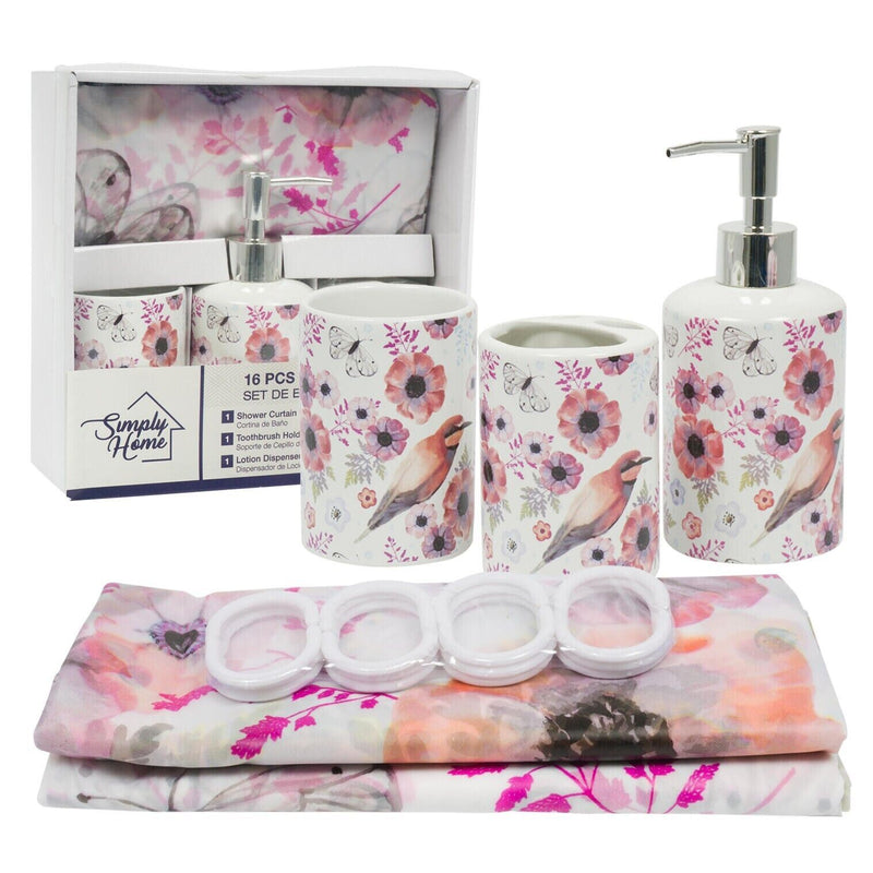 Load image into Gallery viewer, Pink Floral Bathroom Set Toothbrush Holder Soap Dispenser Shower Curtain
