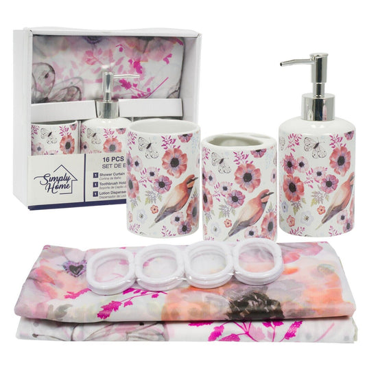 Pink Floral Bathroom Set Toothbrush Holder Soap Dispenser Shower Curtain