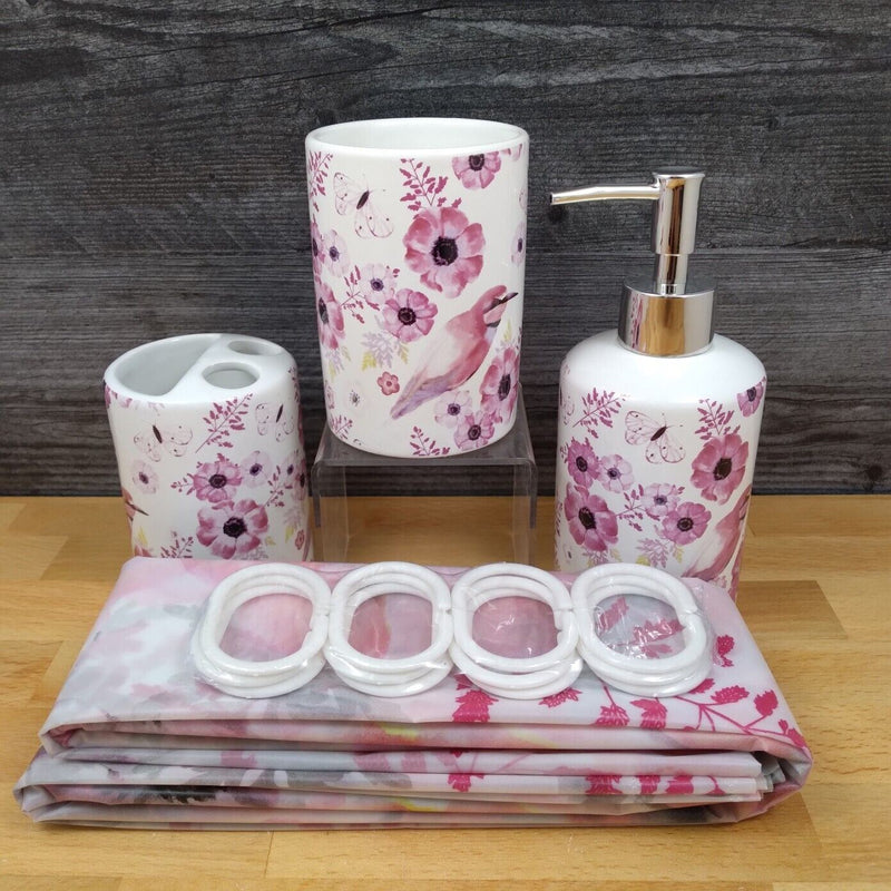 Load image into Gallery viewer, Pink Floral Bathroom Set Toothbrush Holder Soap Dispenser Shower Curtain
