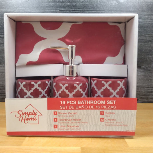 Raspberry Red Bathroom Set Toothbrush Holder Soap Dispenser Shower Curtain