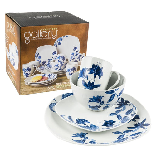 Dinnerware Set 16 Piece by Tabletops Gallery Blue Star Flower Design Square