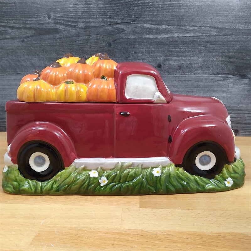 Load image into Gallery viewer, Harvest Pumpkin Red Truck Cookie Candy Treat Jar Canister by Blue Sky Clayworks
