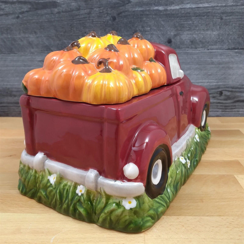 Load image into Gallery viewer, Harvest Pumpkin Red Truck Cookie Candy Treat Jar Canister by Blue Sky Clayworks

