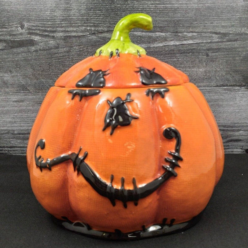 Load image into Gallery viewer, Halloween Pumpkin Stitched Canister Cookie Treat Candy Jar by Blue Sky Clayworks
