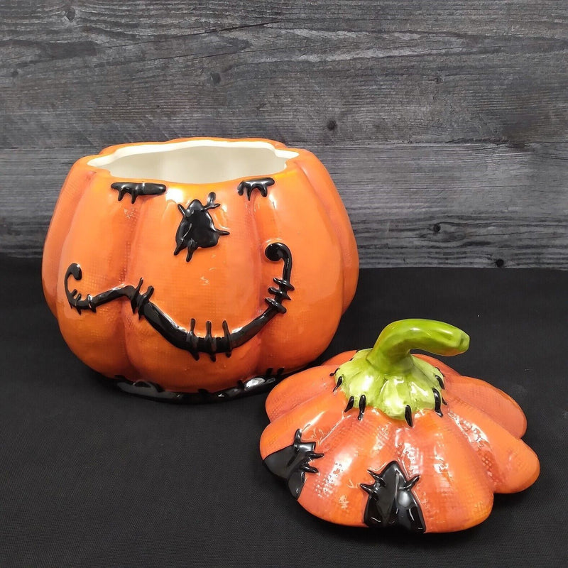 Load image into Gallery viewer, Halloween Pumpkin Stitched Canister Cookie Treat Candy Jar by Blue Sky Clayworks
