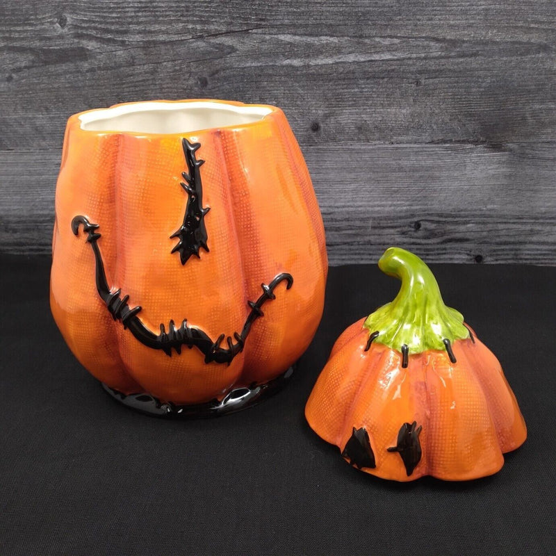 Load image into Gallery viewer, Stitched Halloween Pumpkin Cookie Treat Candy Jar Canister by Blue Sky Clayworks
