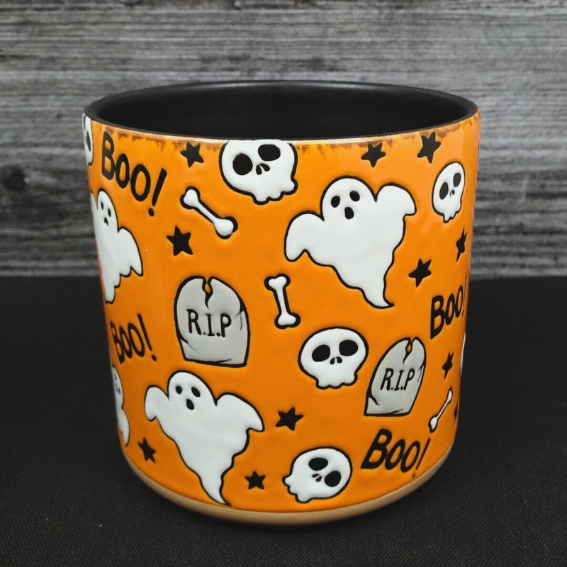 Load image into Gallery viewer, Halloween Ghost Canister Orange and Black 4&quot; Jar by Blue Sky Clayworks
