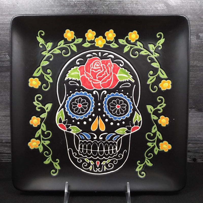 Load image into Gallery viewer, Halloween Sugar Skull Day of the Dead Square Dinner Plate 10.5&quot; (27cm) Blue Sky
