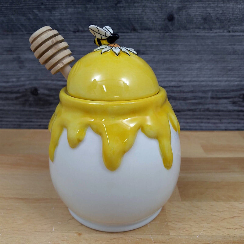 Load image into Gallery viewer, Honey Drip Honey Pot Canister Ceramic With Wood Dipper Stick By Blue Sky
