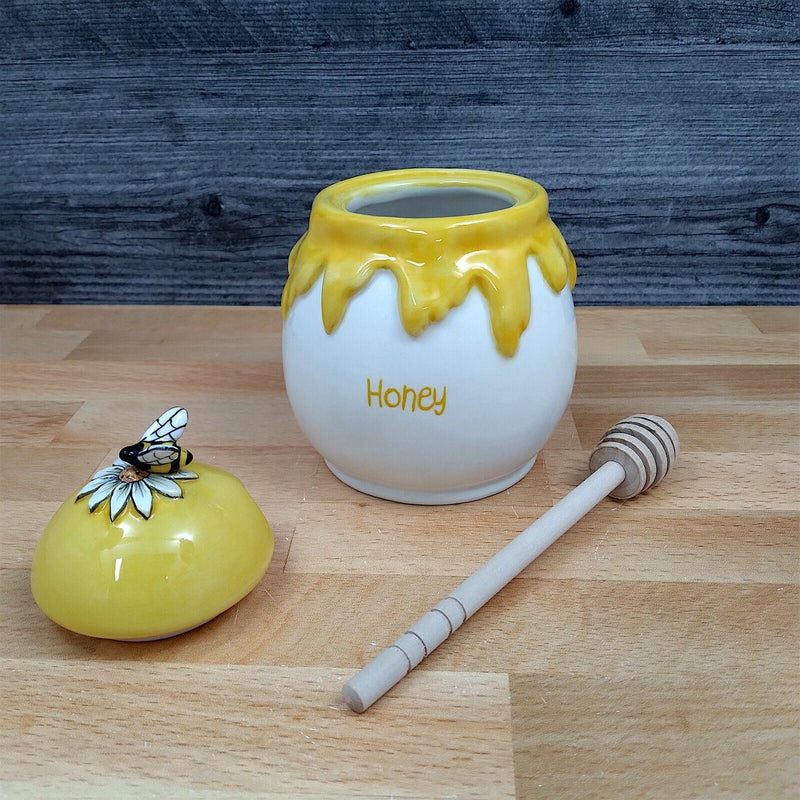 Load image into Gallery viewer, Honey Drip Honey Pot Canister Ceramic With Wood Dipper Stick By Blue Sky
