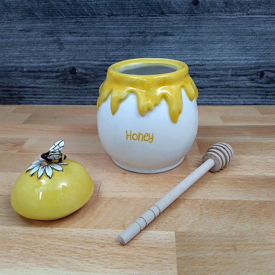 Honey Drip Honey Pot Canister Ceramic With Wood Dipper Stick By Blue Sky