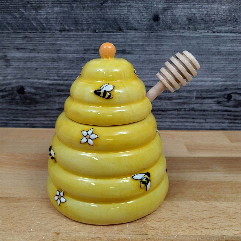 Load image into Gallery viewer, Bee Hive Honey Pot Canister Ceramic With Wood Dipper Stick By Blue Sky
