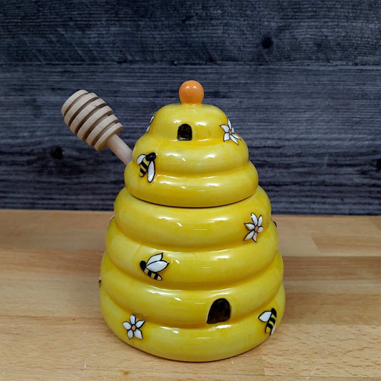 Bee Hive Honey Pot Canister Ceramic With Wood Dipper Stick By Blue Sky