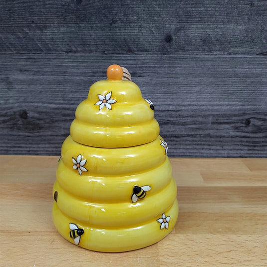Bee Hive Honey Pot Canister Ceramic With Wood Dipper Stick By Blue Sky