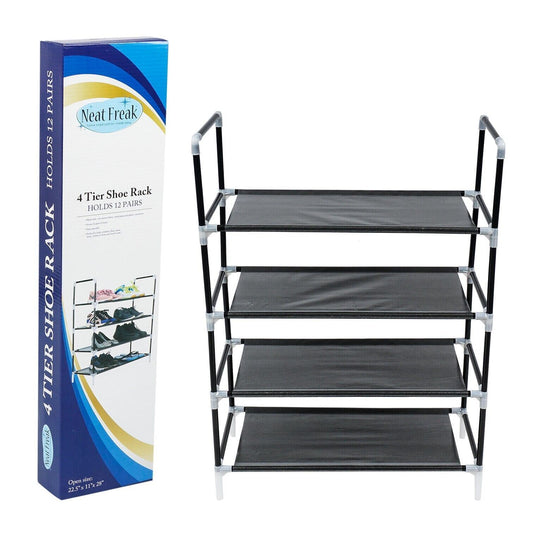 Shoe Rack Organizer Storage Holds 12 Pairs Shoes 4 Tier Free Standing Black