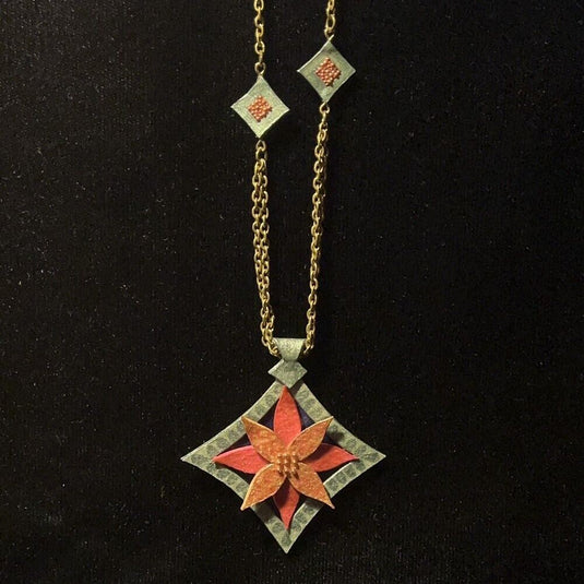 Diamond Shape Flower Jewelry Art Pendant Metallic Green Pink and Rose Gold