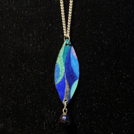 Marquis Shaped Pendant Jewelry Art In Shades Of Blue And Aqua With A Blue Bead