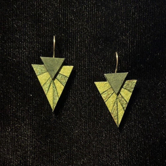 Double Triangle Jewelry Art Earrings In Dark Green And Shades Of Metallic Green