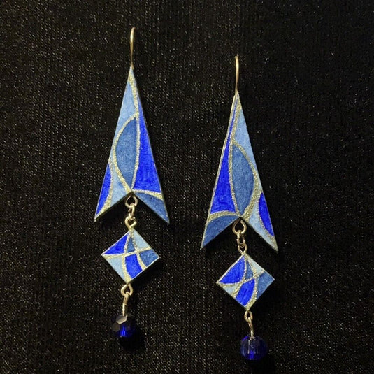 Arrow Shaped Jewelry Art Earrings With Diamond Shaped Dangle Blue and Silver