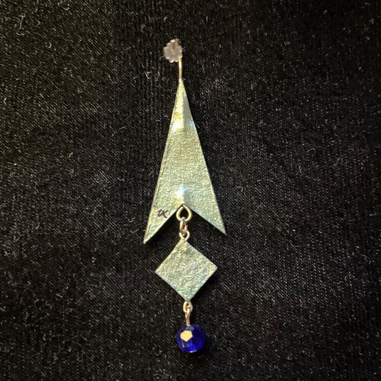 Arrow Shaped Jewelry Art Earrings With Diamond Shaped Dangle Blue and Silver