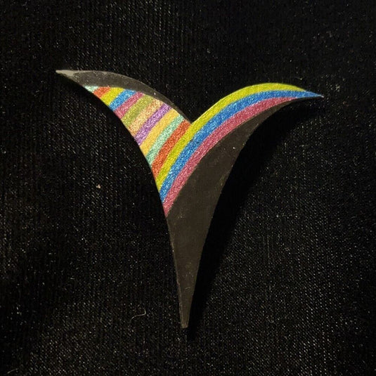 Curvy V-Shaped Jewelry Art Brooch Black With Multi Color Metallic Accent Stripes