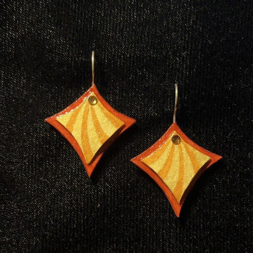 Curvy Square Jewelry Art Earrings In Orange And Gold With Swarovski Crystals