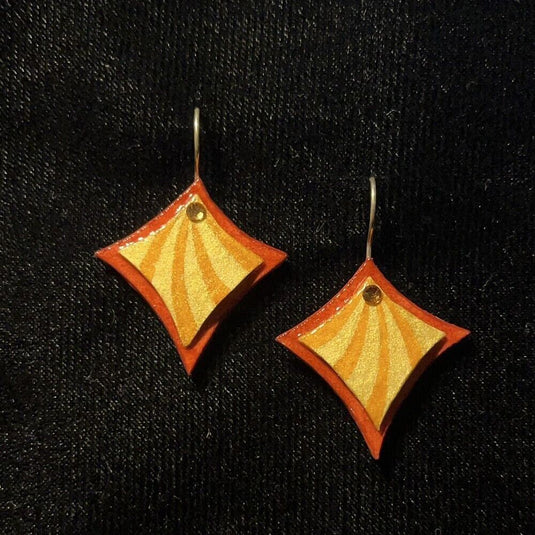 Curvy Square Jewelry Art Earrings In Orange And Gold With Swarovski Crystals