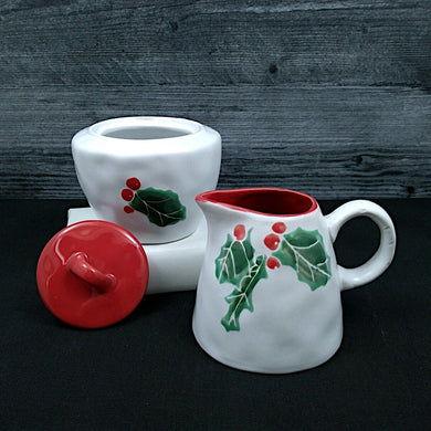 Evergreen Forest Holly Sugar Bowl with Lid and Creamer Pitcher Set by Blue Sky